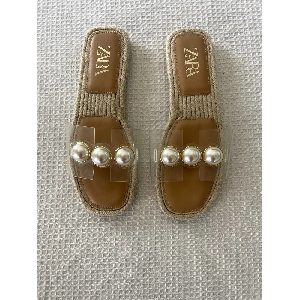 Zara Pearl, Gold, Vinyl Raffia Slides Sz US 9 EUR 40